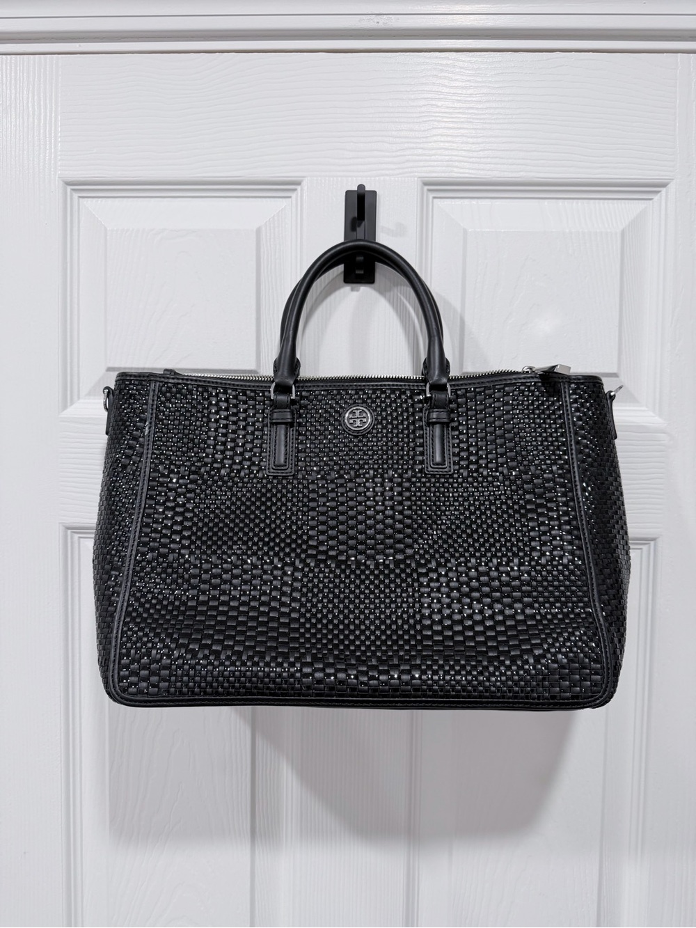 Tory Burch Robinson Black Woven Leather Top-Handle Satchel